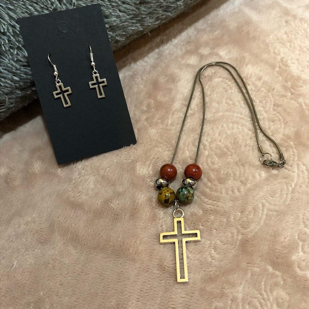 Handmade silver color beaded cross necklace and earrings